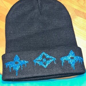 Black Beanie with Dripping Blue Glitter Design
